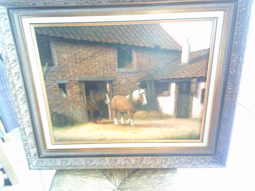 schilderij stal met paarden getekend J Van Baelen, Antiek en Kunst, Kunst | Schilderijen | Klassiek, Ophalen