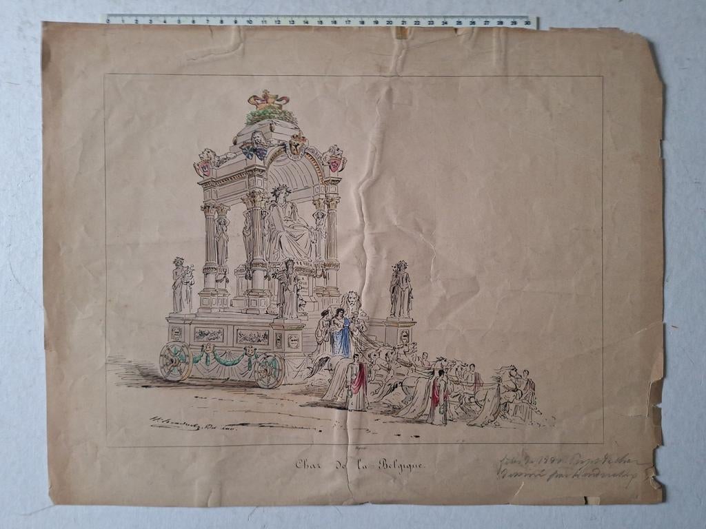 Prent H. Hendrickx ontwerp van praalwagen voor 1888, Antiek en Kunst, Kunst | Etsen en Gravures, Ophalen of Verzenden