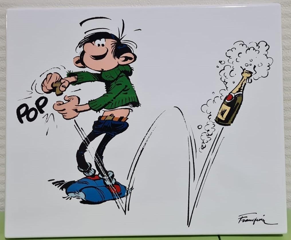 Guust Flater, Gaston Lagaffe, emaille, Champagne, nr. 10/65, Ophalen of Verzenden, Guust of Robbedoes, Nieuw, Plaatje, Poster of Sticker