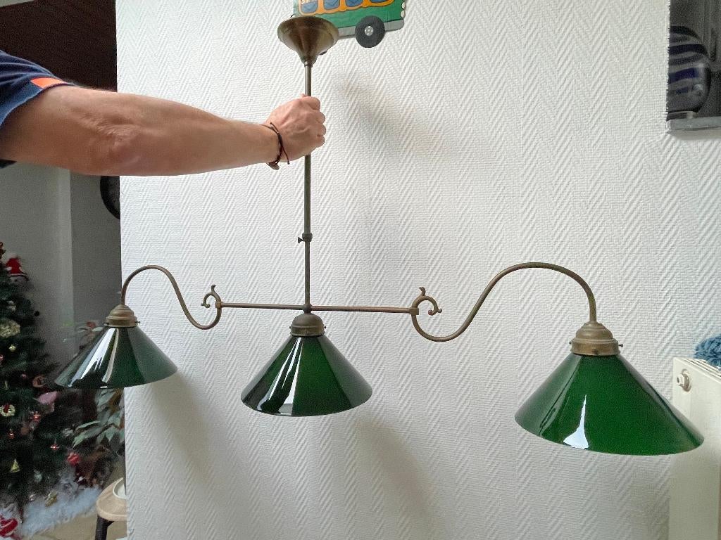Suspension triple en cuivre et en opaline verre vert, Enlèvement, Utilisé, Verre, Vintage Old England