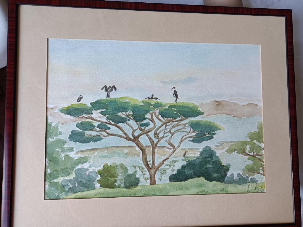 1986 Aquarel natuurlandschap met kraanvogels, Antiek en Kunst, Ophalen