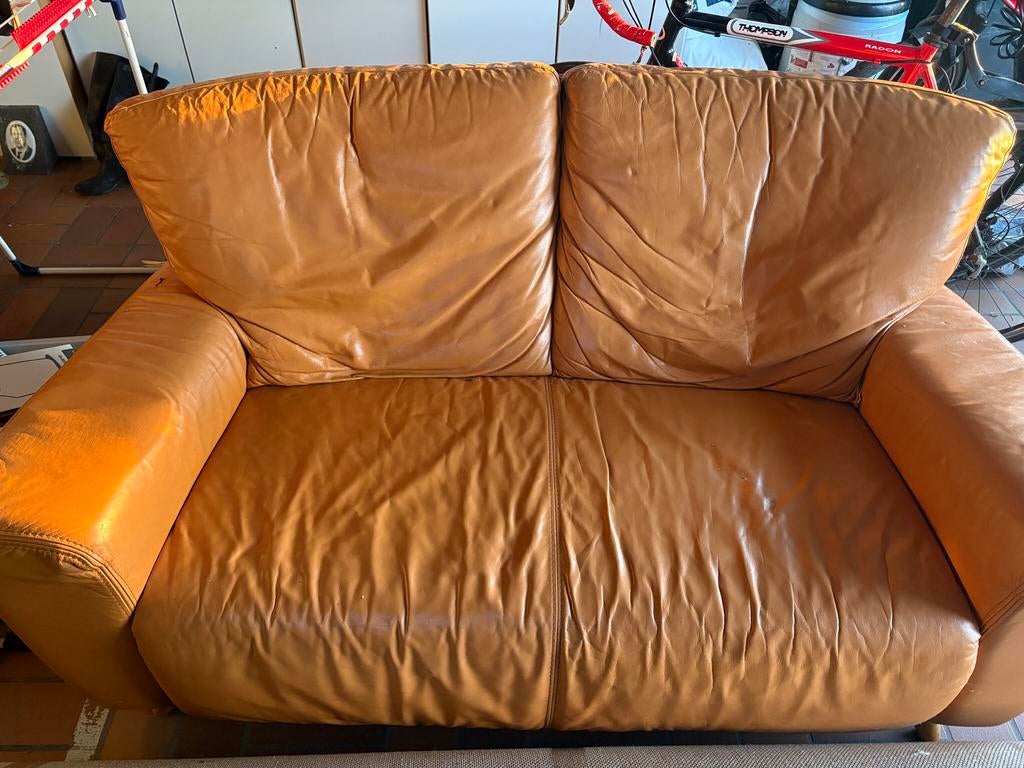 Bruin oranje lederen 2 zit zetel - Italiaans leder, Huis en Inrichting, Ophalen, Gebruikt, 100 tot 125 cm, Tweepersoons