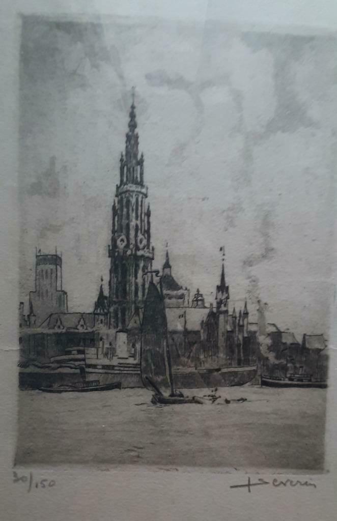Juliaan Severin - Zicht op Antwerpen - Ets, Ophalen of Verzenden