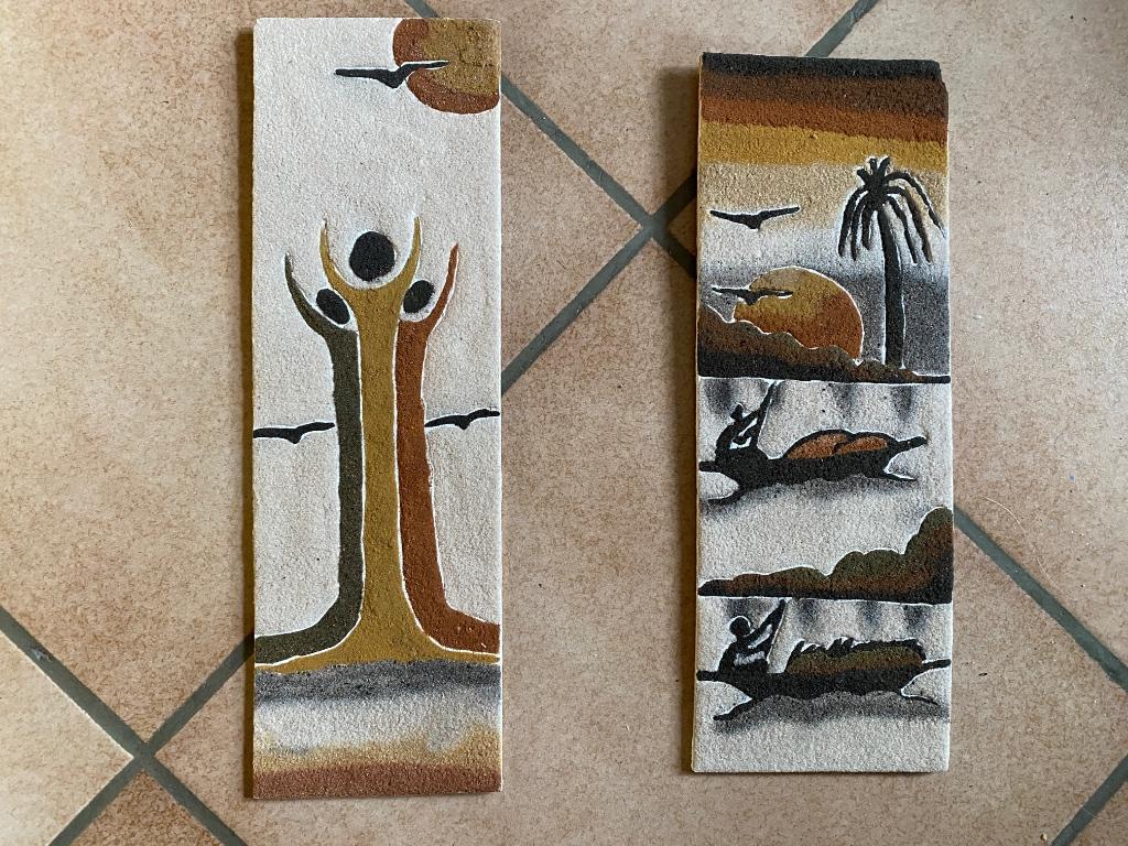 Tableau Sénégal 30 x 10cm sable soufflé sur bois 2 pcs, Afrique, Bois, Décoration murale, Fait main