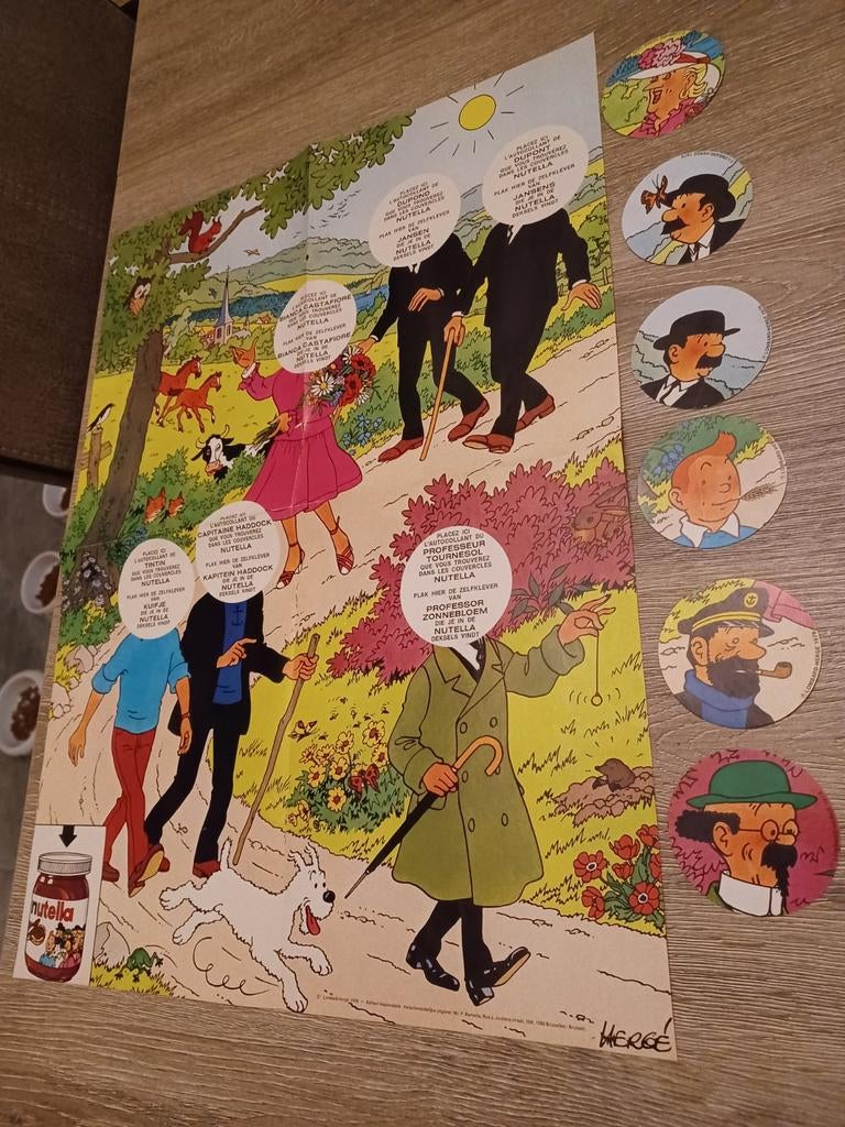 Nutella poster Kuifje + volledige set van 6 stickers, Ophalen of Verzenden, Kuifje