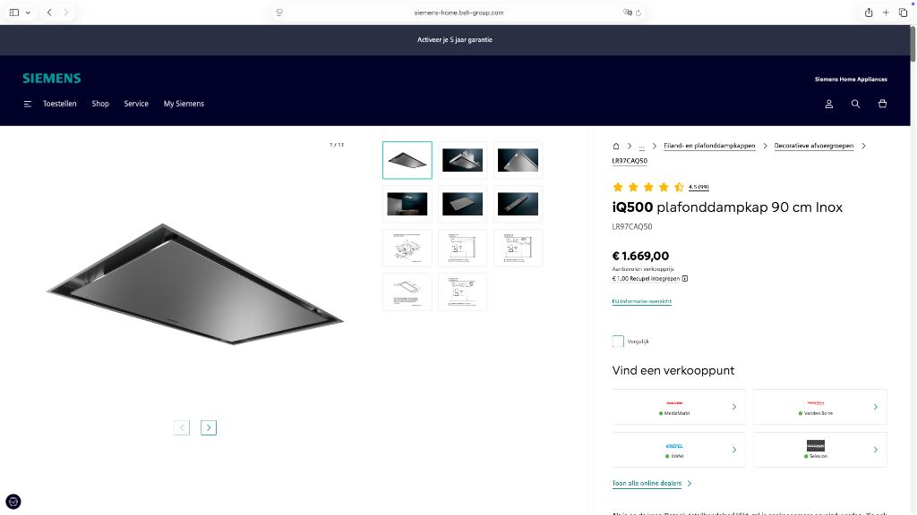 Hotte de plafond IQ500 90 cm Inox, Neuf, 600 à 800 m³/h, Enlèvement ou Envoi, Moteur