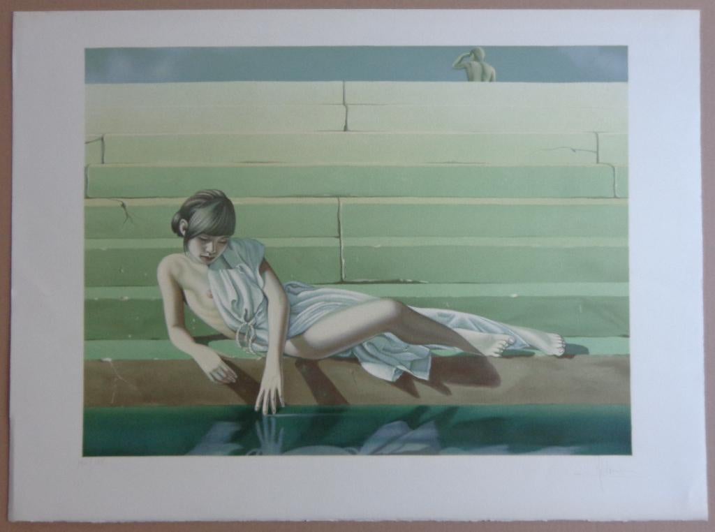 BERNARD MOLDAWAN / LIGGENDE NAAKTE VROUW KLEURLITHO 56x76cm, Enlèvement ou Envoi