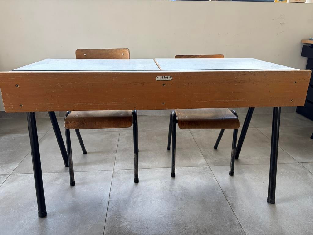 Vintage jaren ‘60 schoolbank + 2 bijhorende stoelen, Huis en Inrichting, Bureaus, Gebruikt, Ophalen