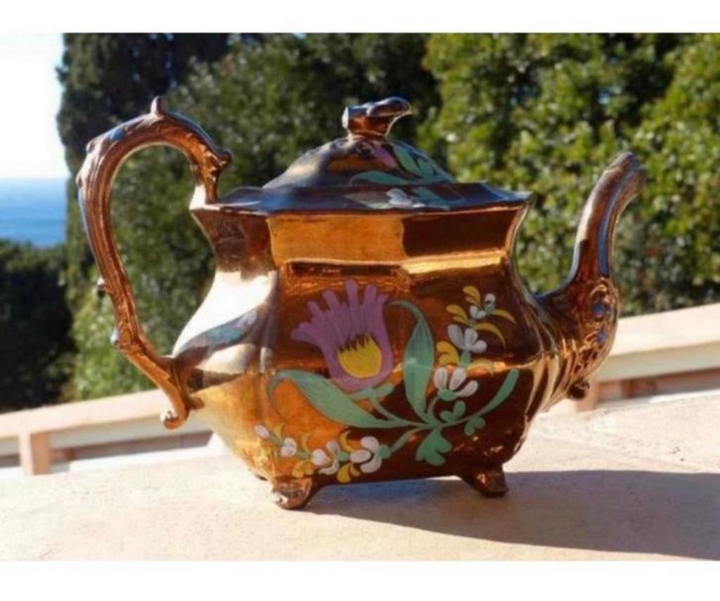 Cuivre peint à la main antique - Théière florale cuivre 1830, Enlèvement ou Envoi