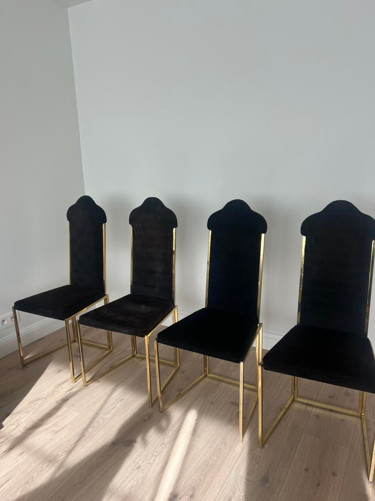 4 bruine fluwelen stoelen met gouden poten, Maison & Meubles, Chaises, Utilisé, Quatre, Métal, Tissus, Brun, Enlèvement