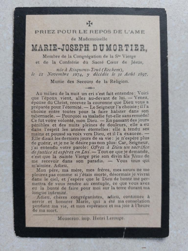 bidprentje Risquons-Tout (Reckem) 1874-1897, Verzenden, Bidprentje