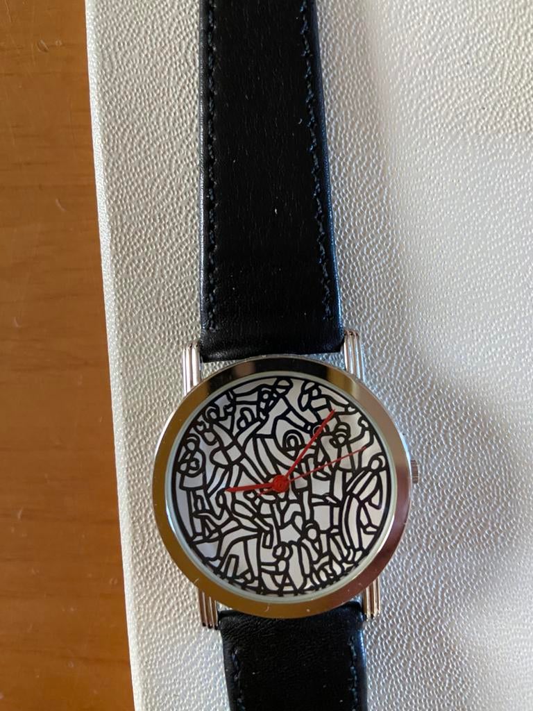 Kunsthorloge Keith Haring   Zwarte leder band, Overige merken, Overige materialen, Leer, Polshorloge