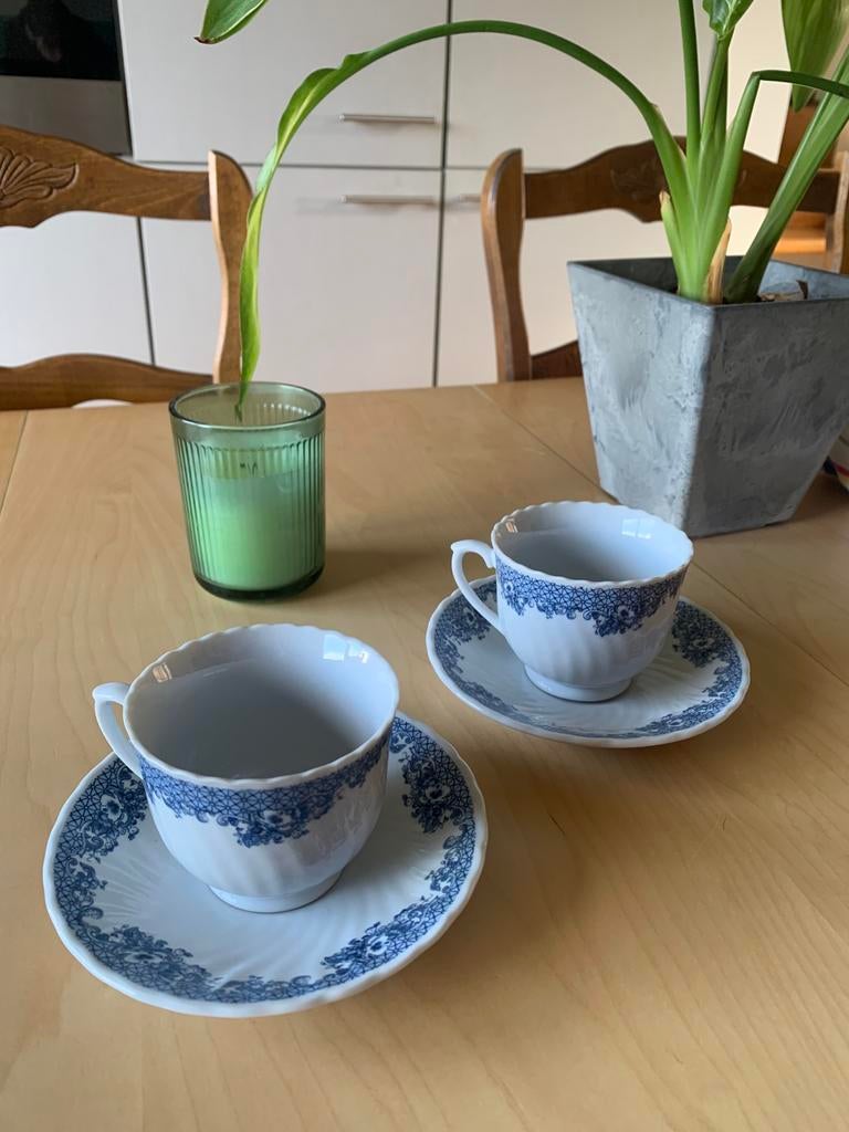 Tasses porcelaine vintage Toi et Moi blanches et bleues, Enlèvement ou Envoi