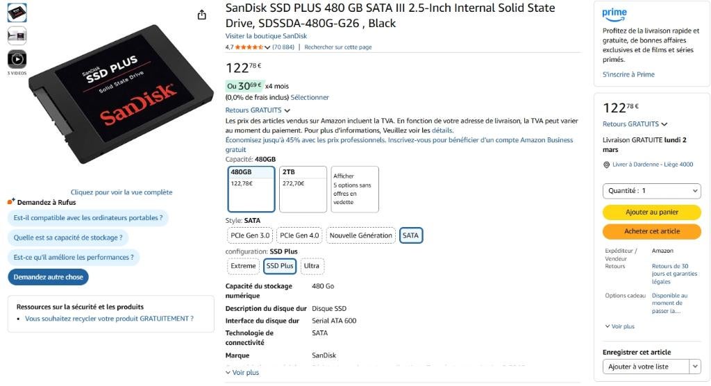 6 SSD SANDISK PLUS 480GB (Win11/Office), Enlèvement, Reconditionné, Interne, SSD
