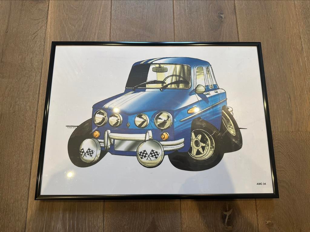 Kader met tekening van Renault 8 Gordini, Met lijst, Rechthoekig Liggend, Ophalen of Verzenden, Zo goed als nieuw