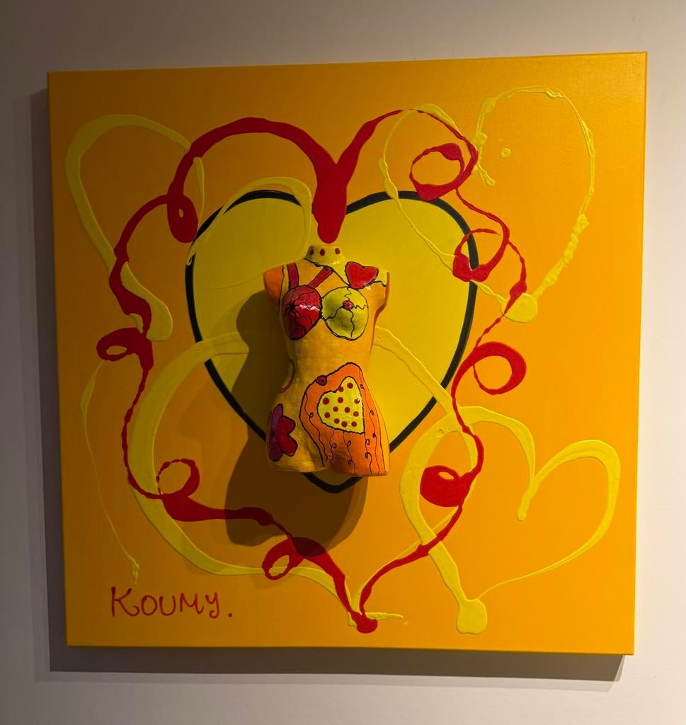 Schilderij en papier mache Koumy, Antiek en Kunst, Kunst | Schilderijen | Modern, Ophalen