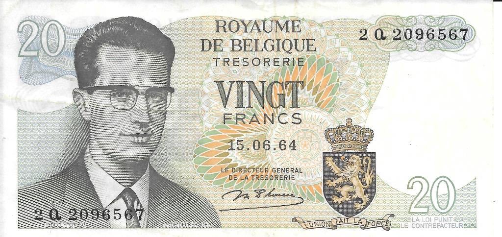 Bankbiljet 20 frank 1964 Koning Boudewijn Atomium, Postzegels en Munten, Verzenden, Los biljet