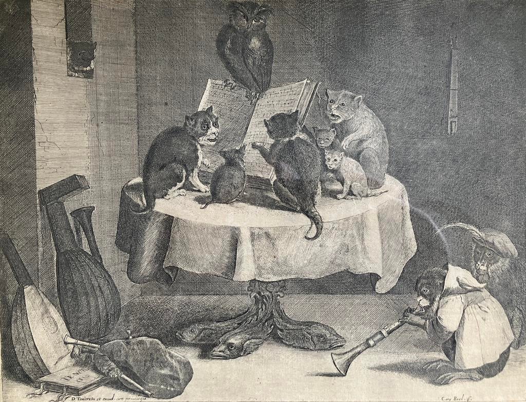 Gravure Coryn Boel (1620-1664) Kattenconcert, Antiek en Kunst, Ophalen of Verzenden