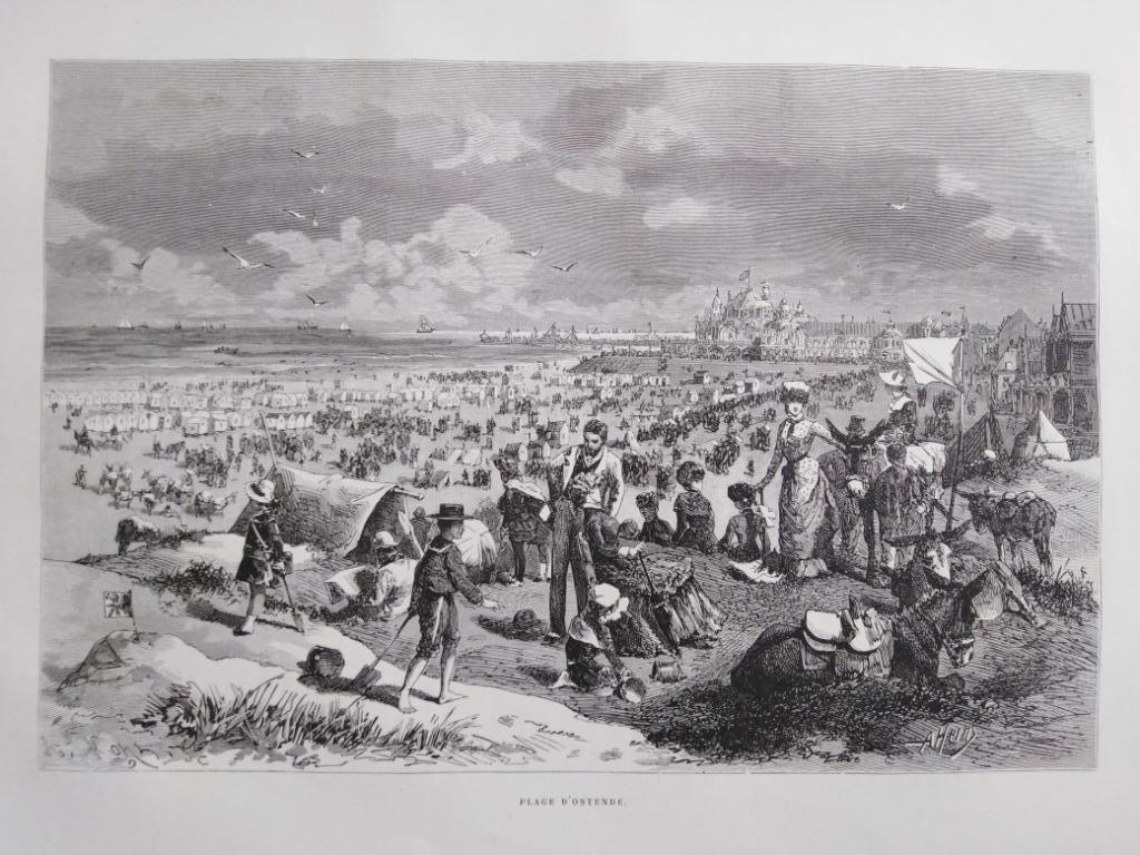1888 - Oostende / strandzicht / staketsel, Antiek en Kunst, Kunst | Etsen en Gravures, Ophalen of Verzenden