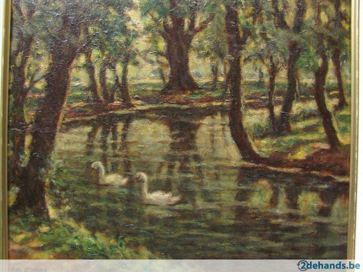 A. CROES Zwanen in het Boekenbergpark Antwerpen, Enlèvement, Signé, Peinture à l'huile, Paysage