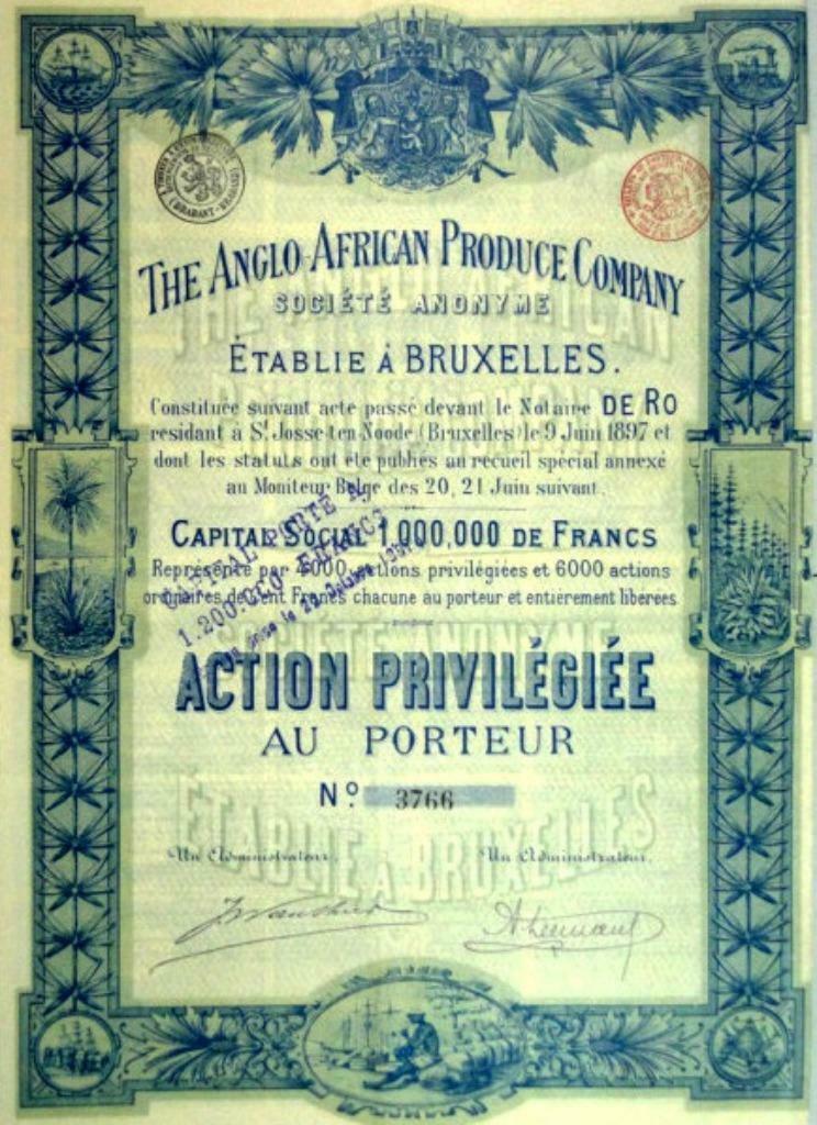 The Anglo African Produce Company. S.A. 1897, Enlèvement ou Envoi, Avant 1920, Action
