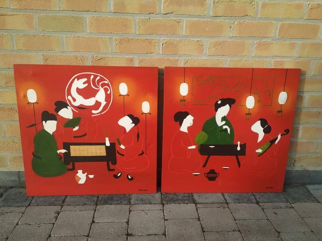 Art asiatique deux belles peintures sur toiles japonais (?), Antiquités & Art, Enlèvement ou Envoi