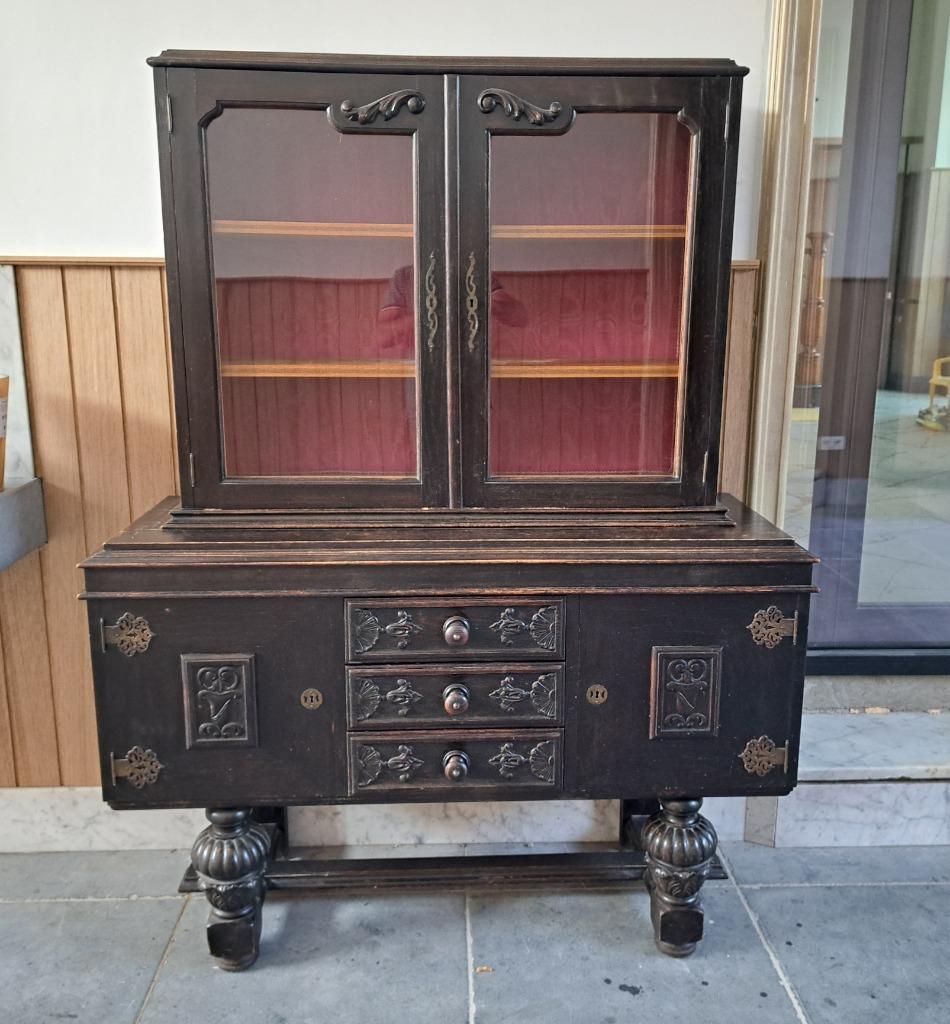 vintage vitrinekast met bolpoten, Ophalen, Gebruikt, 150 tot 200 cm, 25 tot 50 cm