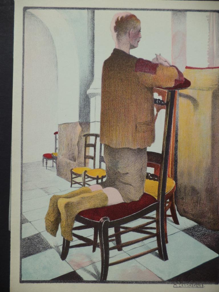Maurice Langaskens lithografie 'L' orphelin en prière', Ophalen of Verzenden