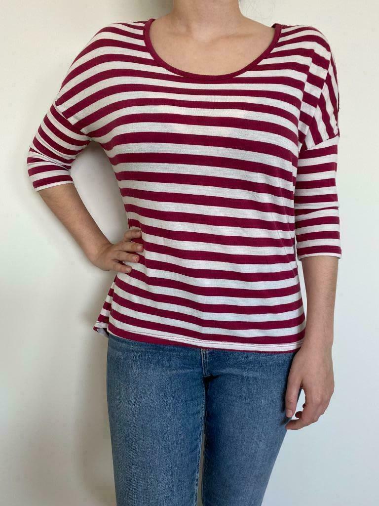 T-shirt manches 3/4 taille M à rayures blanc et framboise, Rouge, Manches courtes, Taille 38/40 (M), Enlèvement ou Envoi