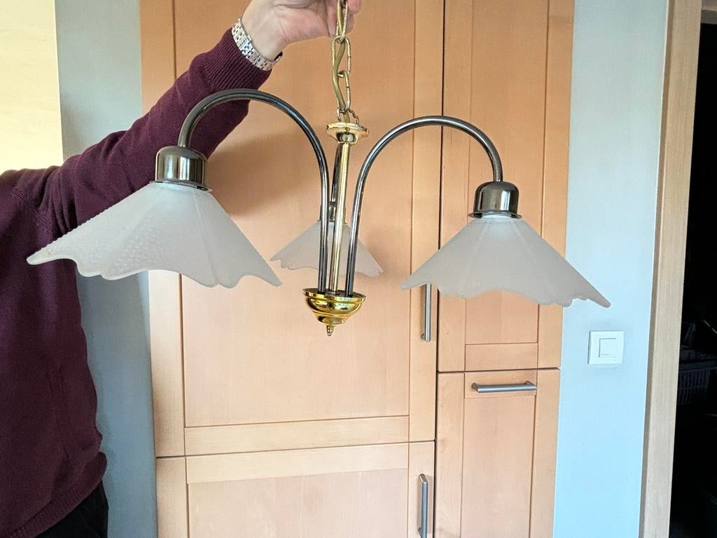 Luchter met drie lichtpunten, Huis en Inrichting, Lampen | Hanglampen, Ophalen, Gebruikt, Metaal, Rustiek - landelijk