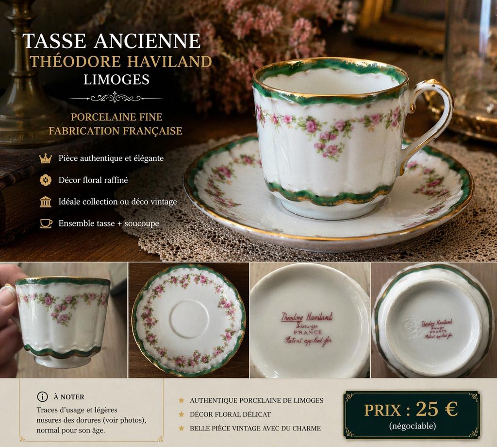 Théodore Haviland Limoges porseleinen kop + schotel, Antiek en Kunst, Antiek | Porselein, Ophalen