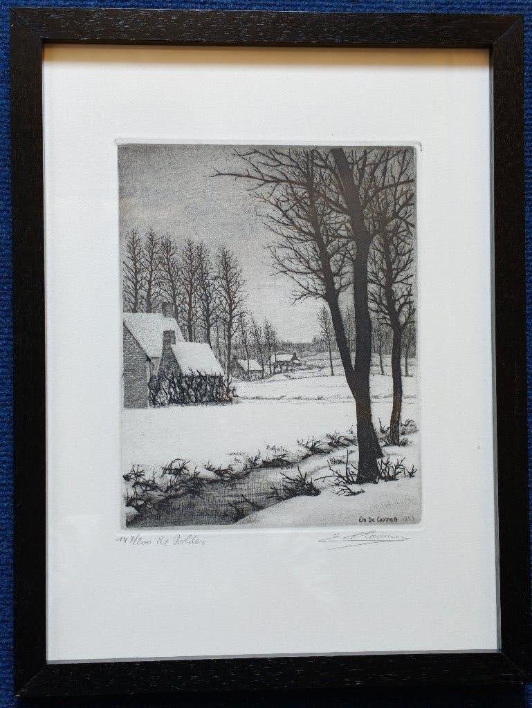 Gravure originale « De Polder » — Emiel De Cooman, Antiquités & Art, Eau-forte, 1950 - 1999, Paysage, Numéroté