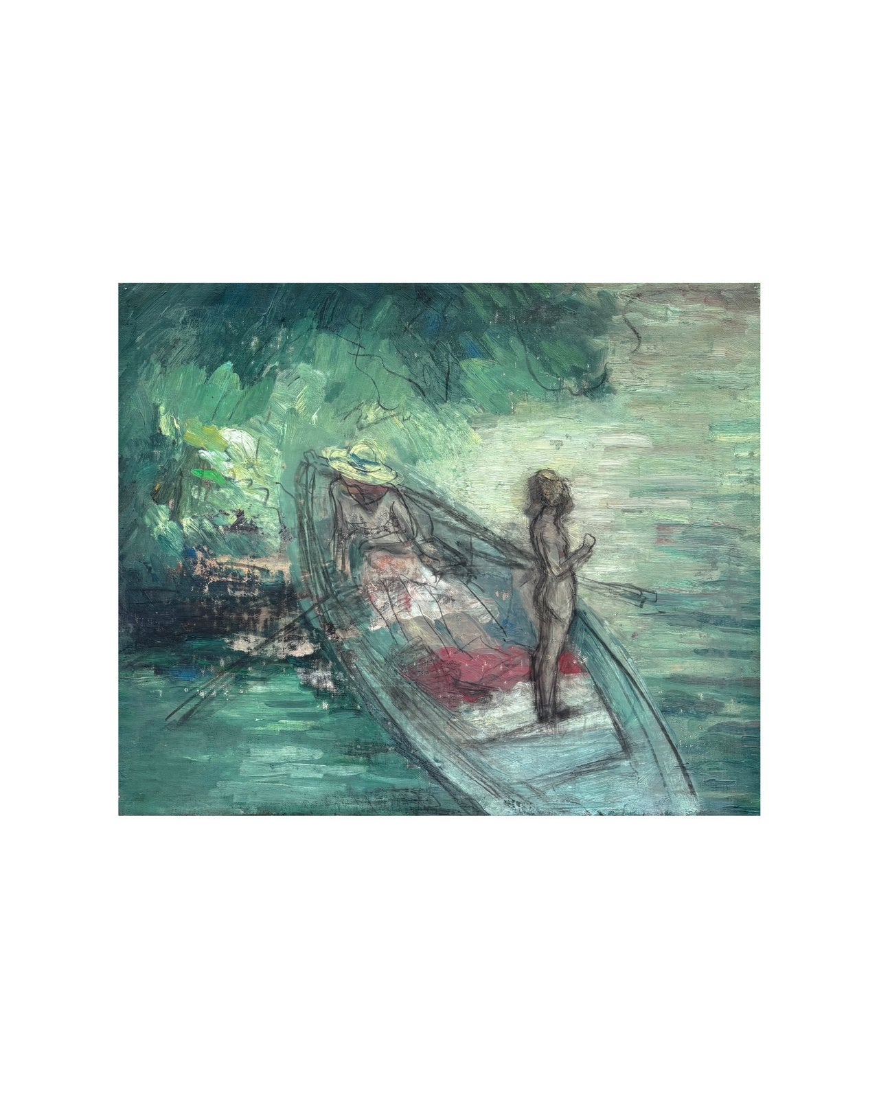 Olieverfschilderij van 2 personen in boot door G. Balenghien, Antiek en Kunst, Ophalen