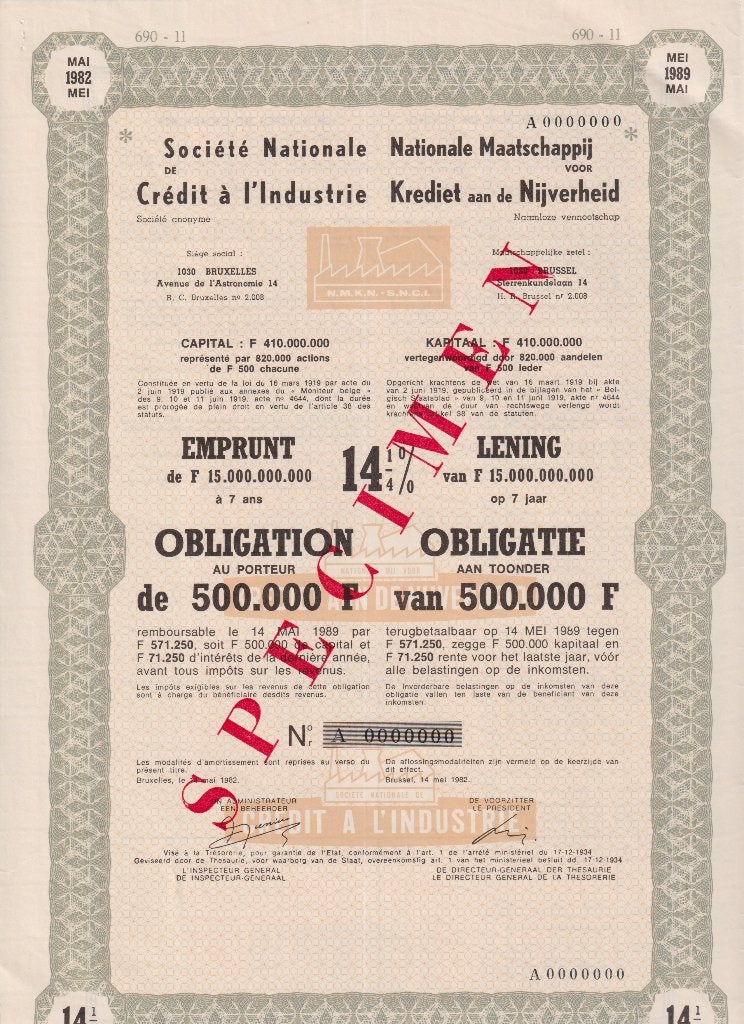Complete set Belgische SPECIMEN obligaties SNCI/NMKN 1982, Verzenden