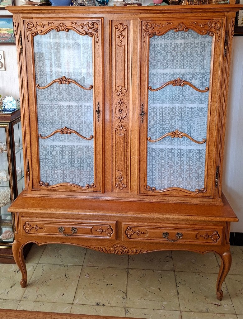 Massief eiken vitrinekast / buffetkast, Huis en Inrichting, Ophalen, Eikenhout, Met lade(s)
