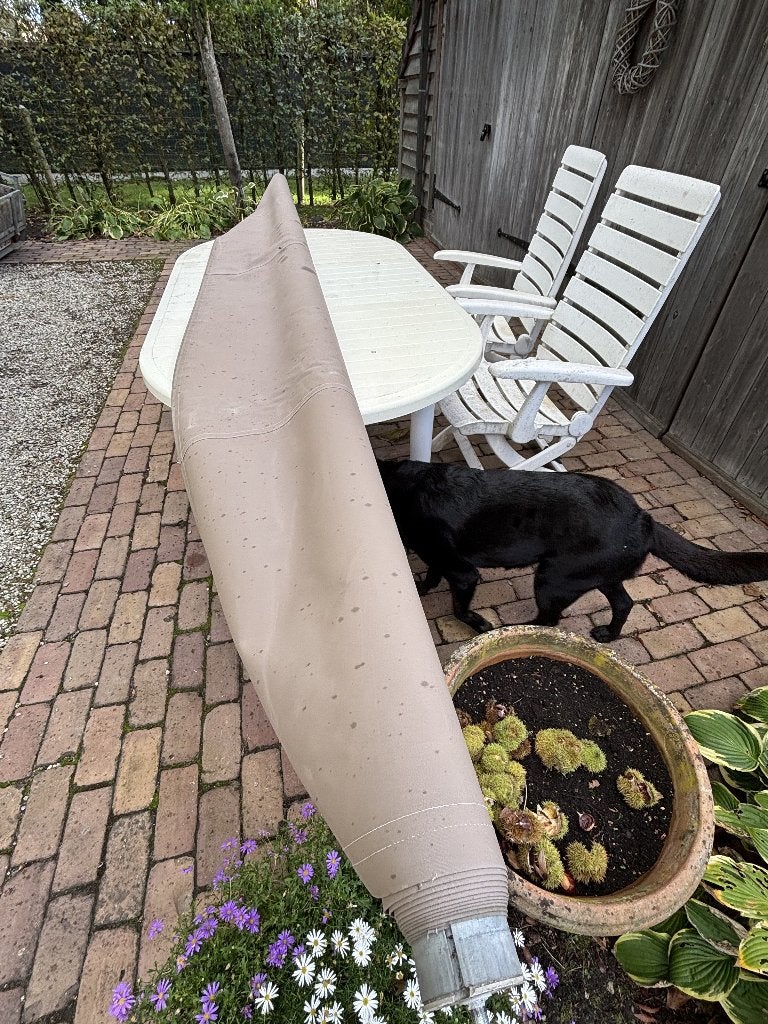 Somfy luifelmotor+zonneschermdoek (4mx3,5m):windschade frame, Tuin en Terras, Ophalen, Gebruikt, Elektrisch, Uitvalscherm