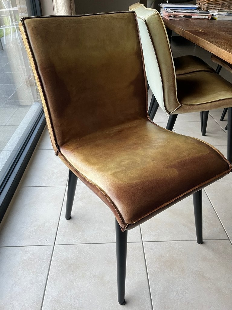 Set van 6 kwalitatieve lederen eetkamerstoelen JUNTOO, Ophalen, Gebruikt, Bruin, Vijf, Zes of meer stoelen