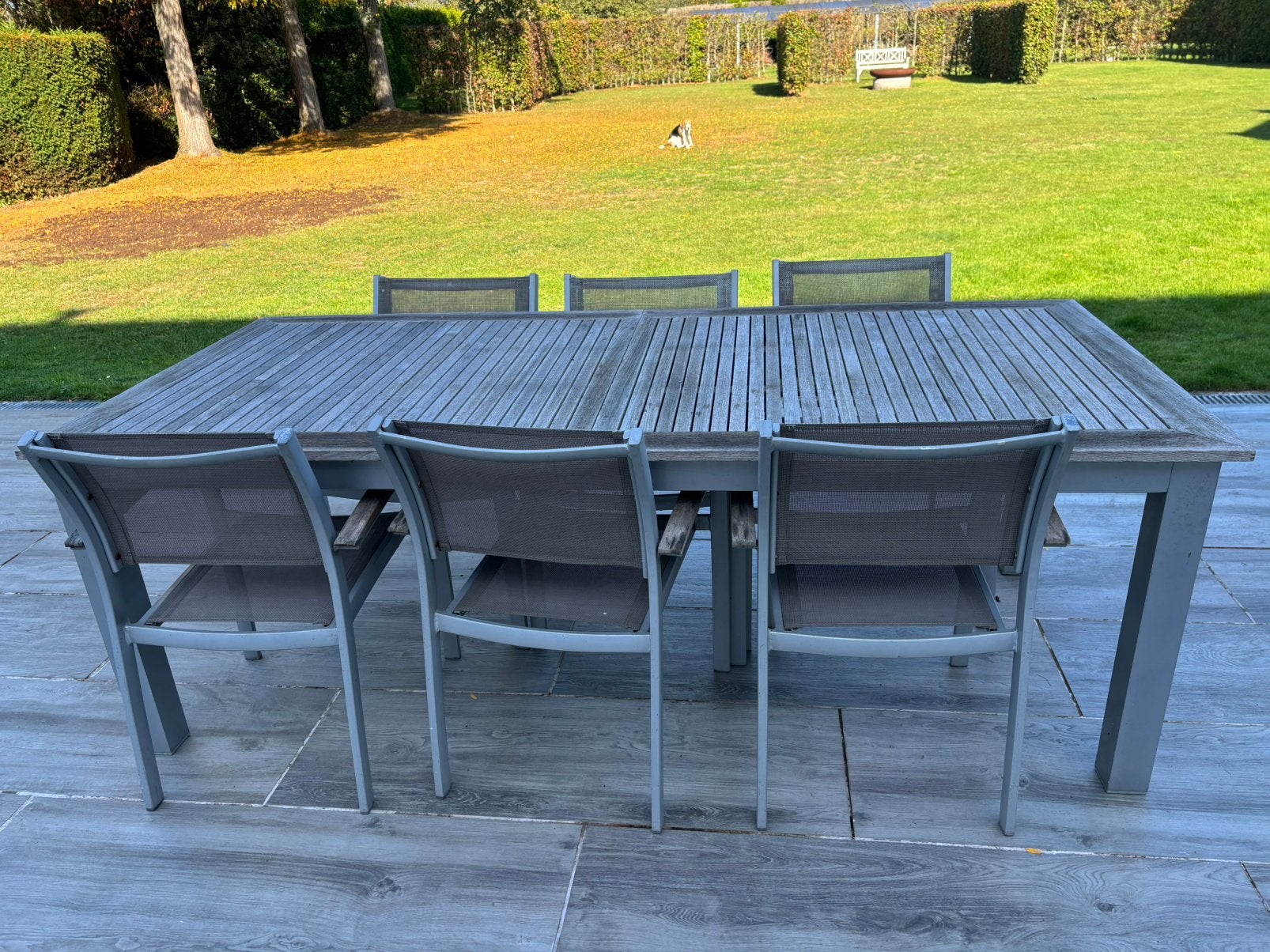Tuintafel + 6 stoelen hout + aluminium, Ophalen, Gebruikt, 8 zitplaatsen, Stoel