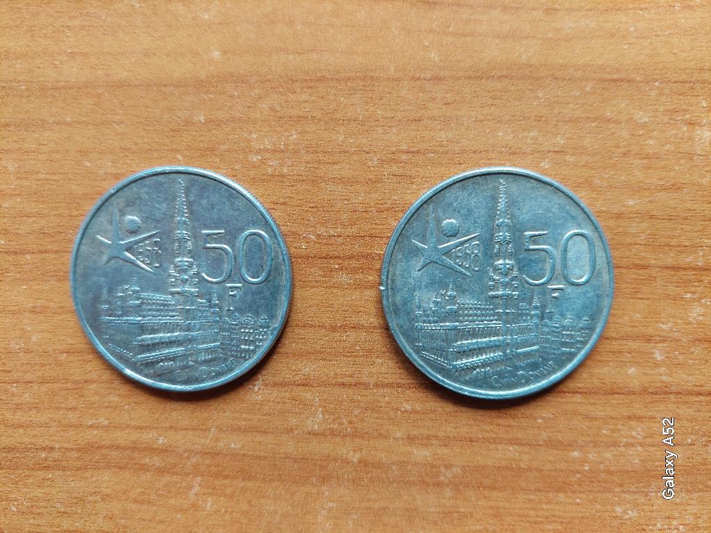 2 munten 50 F België Expo 1958, Ophalen of Verzenden, Zilver, Losse munt, Zilver