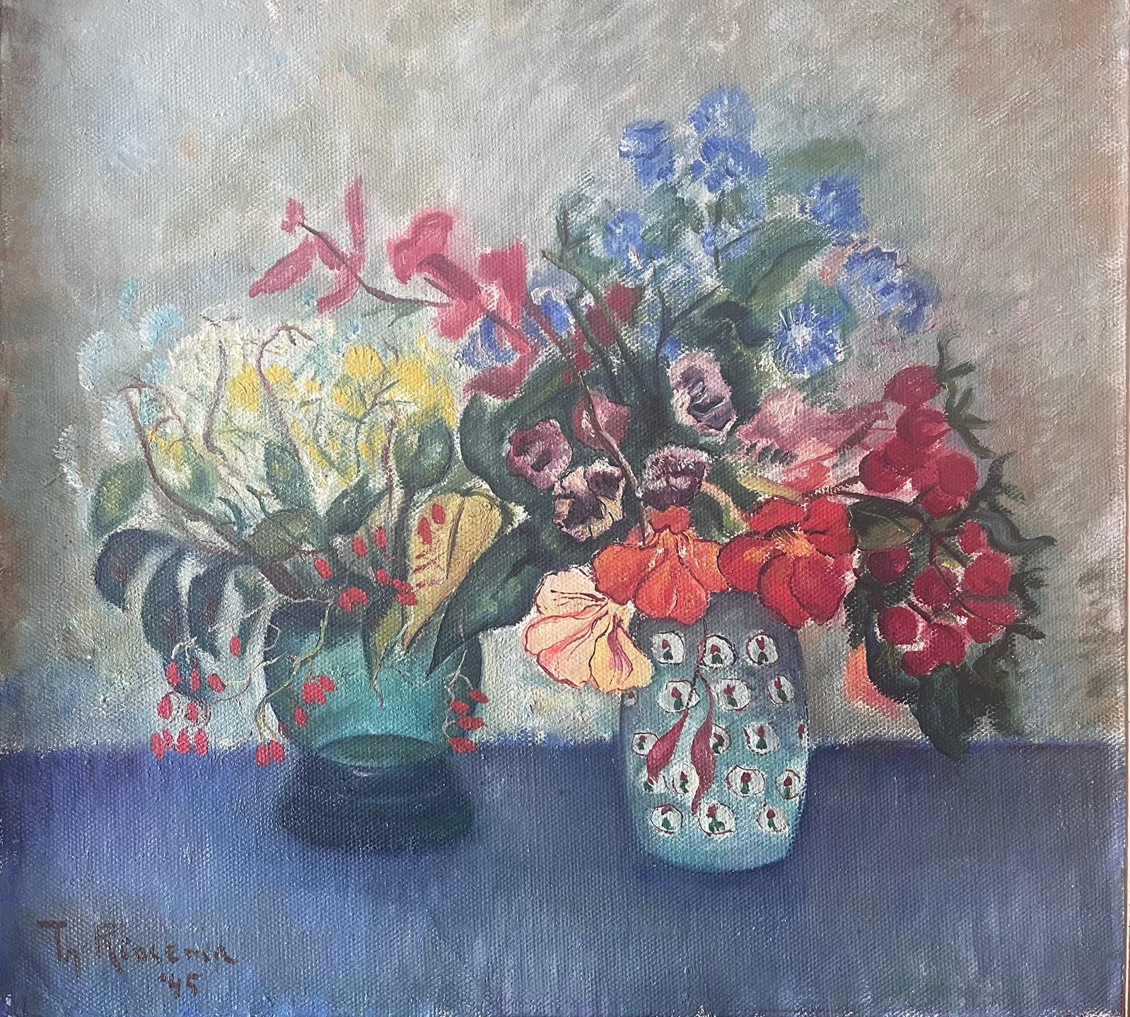 Nature morte aux fleurs peinte par Thijs Rinsema en 1945, Daté, Enlèvement ou Envoi, Peinture à l'huile, Expressionniste
