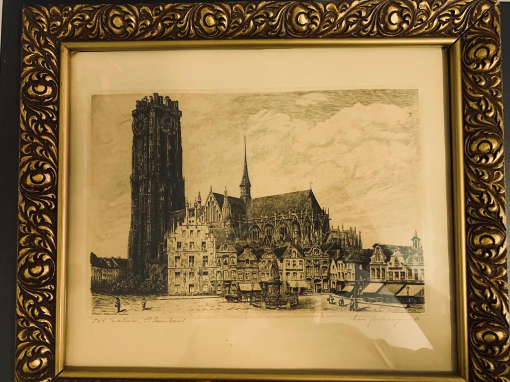 Oude tekening Stad Mechelenmet St-Eombaut toren, Ophalen