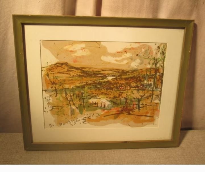 Mooi Modern Aquarel 'Herfst op het Land' - 32x26, Antiek en Kunst, Landschap, Aquarel, Achter glas, Papier/karton