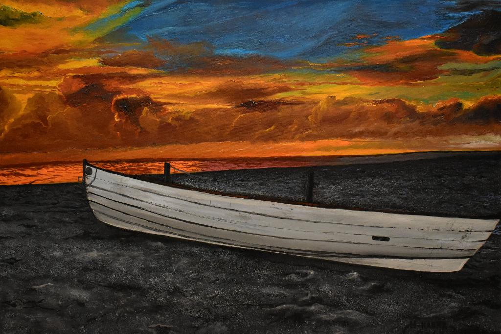 Landschapskajak bij zonsondergang op het strand, Antiek en Kunst, Ophalen