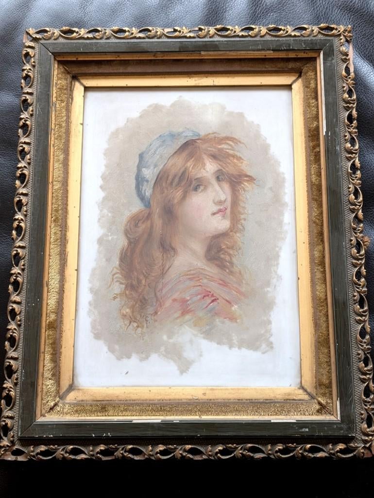 Oude schilderij meisje op email plaquette, Antiek en Kunst, Ophalen of Verzenden