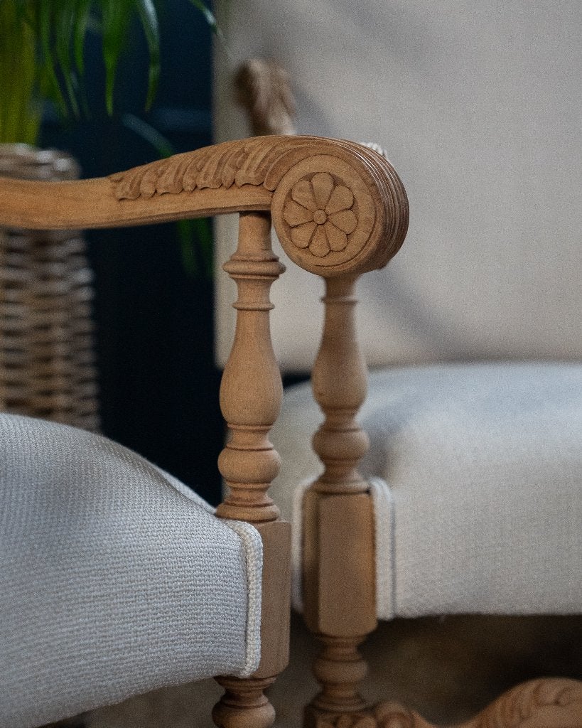 Ensemble de 2 fauteuils - Bois sablé et tissu blanc/beige, Enlèvement