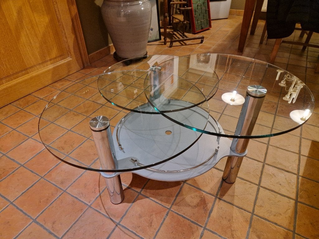 Mid Century Drielaags draaibare glazen salontafel 1960, Huis en Inrichting, Ophalen, 50 – 75, 100 tot 150 cm, 50 tot 100 cm