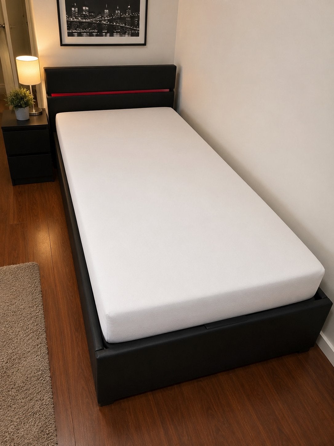 Boxspring avec éclairage LED et espace de rangement, 90 cm, Une personne, Enlèvement, Utilisé