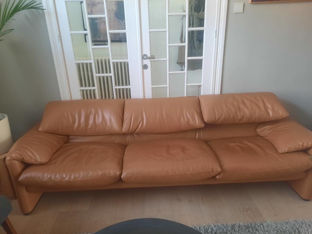 Cassina lederen driezit in cognackleur, Huis en Inrichting, Ophalen