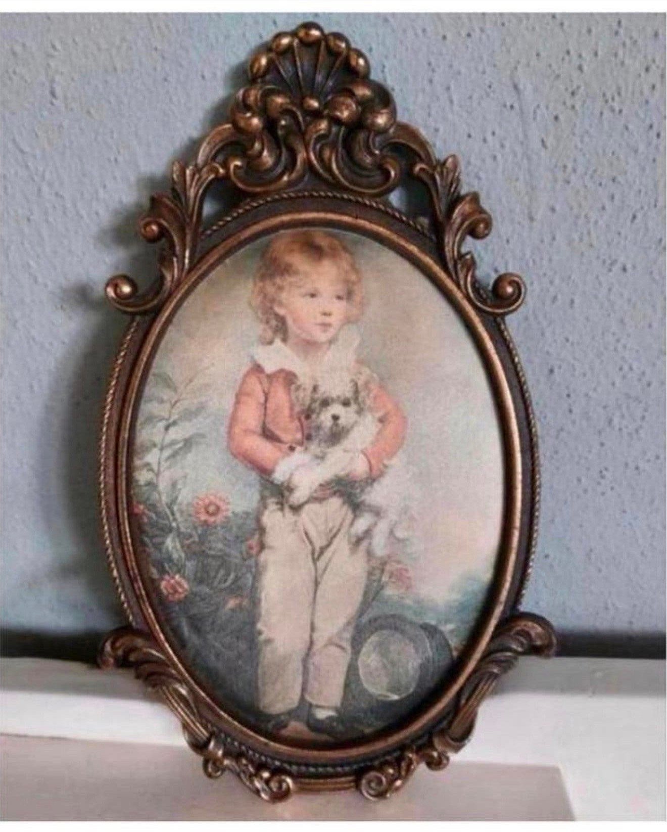 1960 Tableau ancien dans cadre en bronze enfant avec chien, Antiquités & Art, Enlèvement ou Envoi, Vintage, Cadre spécial, Portrait ou Personnes