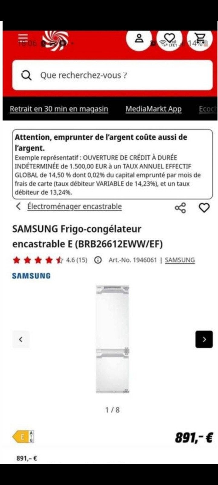 Réfrigérateur-congélateur encastrable
Samsung neuf, Electroménager, Enlèvement